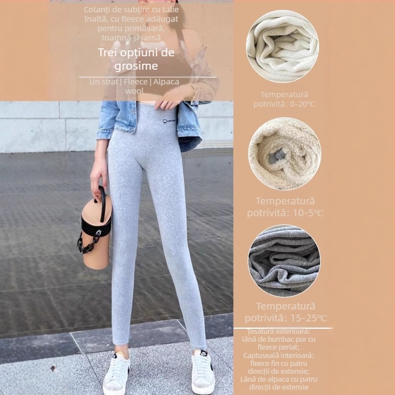 Colanți pentru femei, lungime cropped, din bumbac-elastan, talie înaltă, căptușeală fleece, slim fit, pentru toamnă-primăvară
