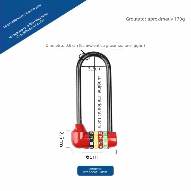 Lăcăt extins cu combinație pentru dulapuri — corp din aliaj de zinc, cârlig din fier, braț lung