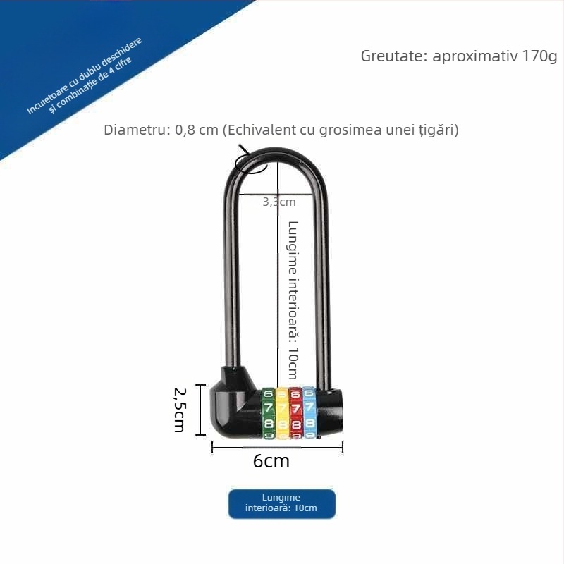 Lăcăt extins cu combinație pentru dulapuri — corp din aliaj de zinc, cârlig din fier, braț lung
