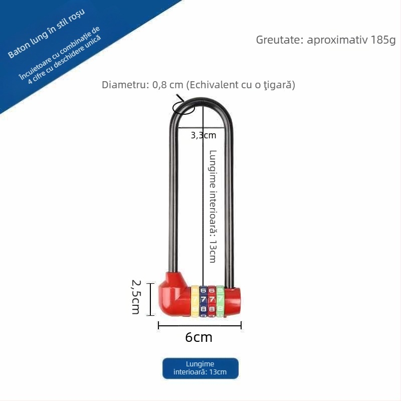 Lăcăt extins cu combinație pentru dulapuri — corp din aliaj de zinc, cârlig din fier, braț lung
