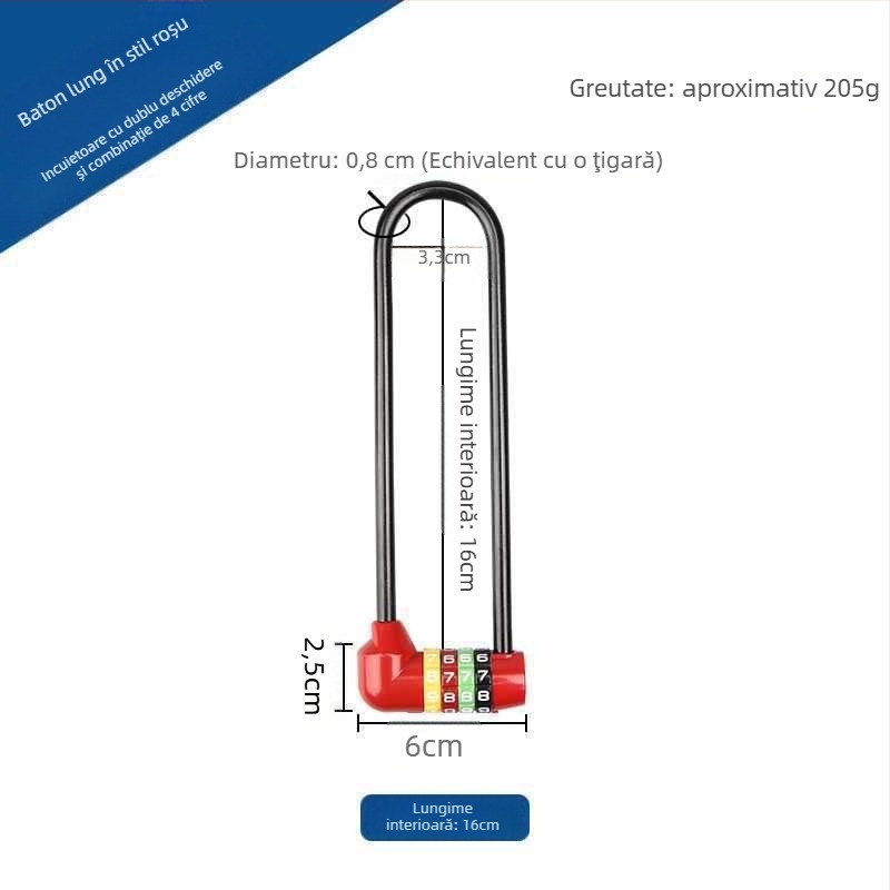 Lăcăt extins cu combinație pentru dulapuri — corp din aliaj de zinc, cârlig din fier, braț lung