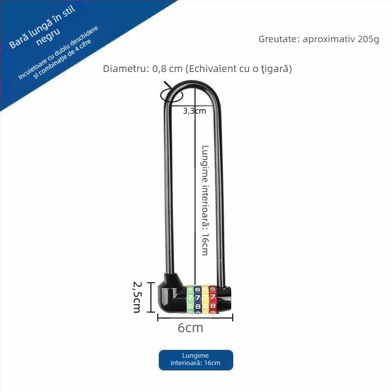 Lăcăt extins cu combinație pentru dulapuri — corp din aliaj de zinc, cârlig din fier, braț lung