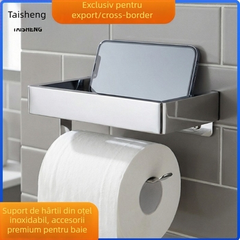 Raft de baie montat pe perete cu suport pentru hârtie igienică și telefon; oțel inoxidabil 304, finisaj polizat, formă dreptunghiulară.