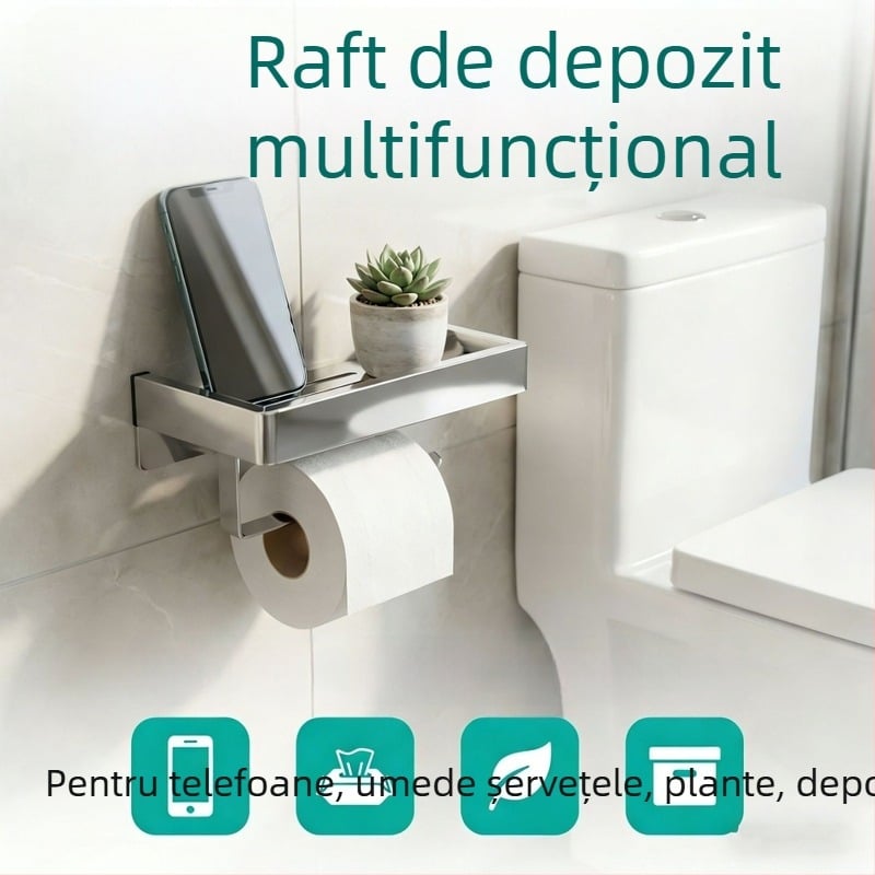 Raft de baie montat pe perete cu suport pentru hârtie igienică și telefon; oțel inoxidabil 304, finisaj polizat, formă dreptunghiulară.