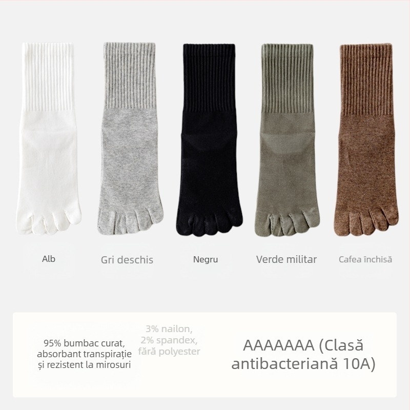 Șosete pentru bărbați antibacteriale din bumbac, cu cinci degete separate, lungime medie, absorbante, deodorante, compoziția: 95% bumbac, 3% nailon, 2% spandex