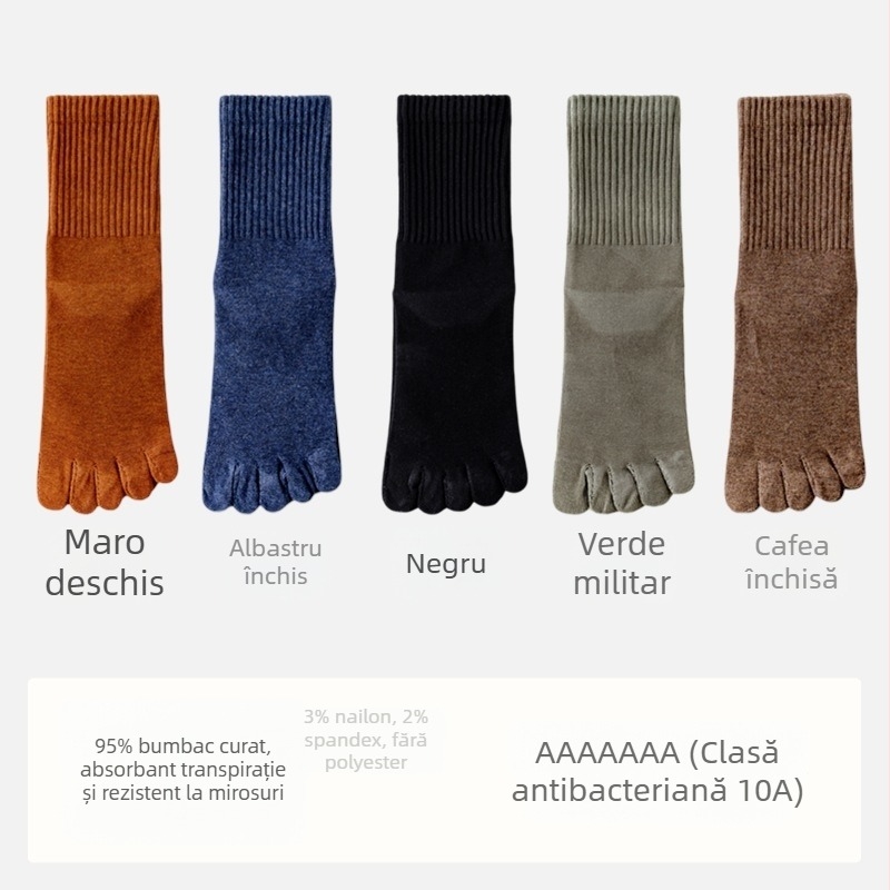 Șosete pentru bărbați antibacteriale din bumbac, cu cinci degete separate, lungime medie, absorbante, deodorante, compoziția: 95% bumbac, 3% nailon, 2% spandex