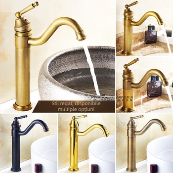 Robinet de chiuvetă pentru baie din alamă, stil european antic, apă caldă și rece, montaj pe blat, cu un singur orificiu, înălțime mare, disc ceramic, model FG76-09