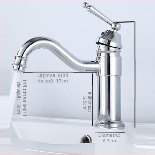 Robinet de chiuvetă pentru baie din alamă, stil european antic, apă caldă și rece, montaj pe blat, cu un singur orificiu, înălțime mare, disc ceramic, model FG76-09