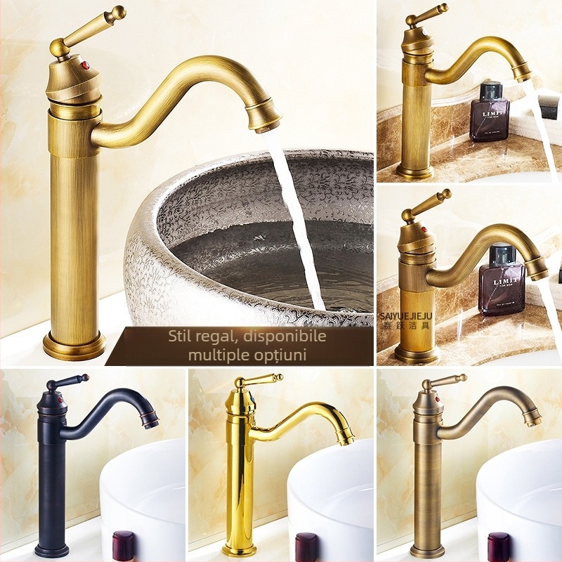 Robinet de chiuvetă pentru baie din alamă, stil european antic, apă caldă și rece, montaj pe blat, cu un singur orificiu, înălțime mare, disc ceramic, model FG76-09