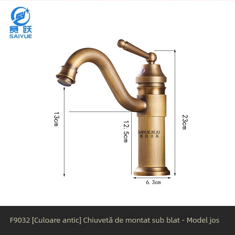 Robinet de chiuvetă pentru baie din alamă, stil european antic, apă caldă și rece, montaj pe blat, cu un singur orificiu, înălțime mare, disc ceramic, model FG76-09