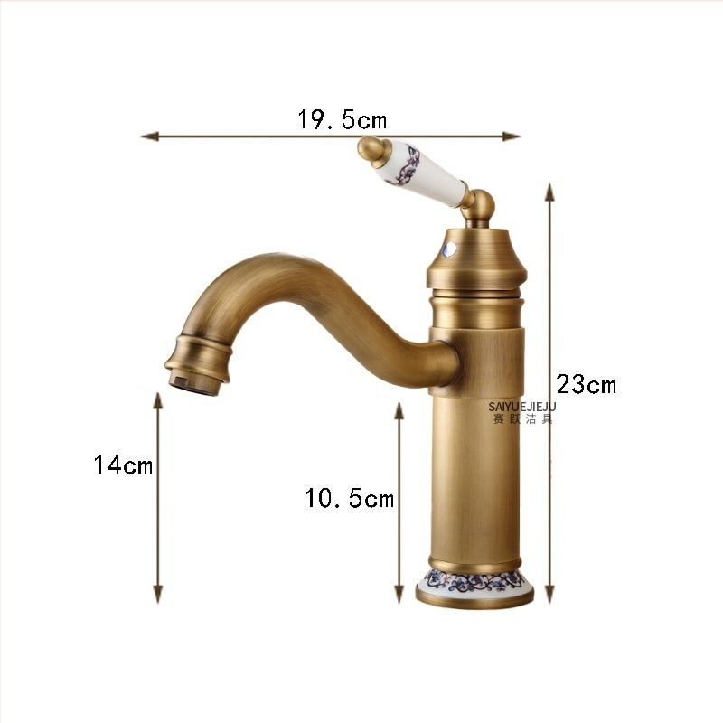 Robinet de chiuvetă pentru baie din alamă, stil european antic, apă caldă și rece, montaj pe blat, cu un singur orificiu, înălțime mare, disc ceramic, model FG76-09
