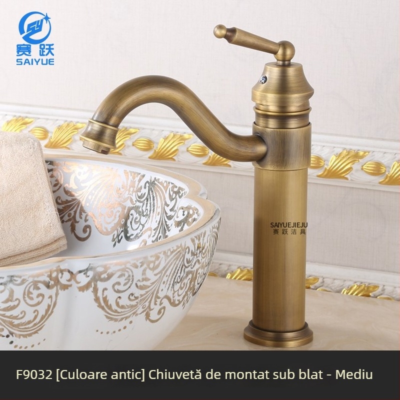 Robinet de chiuvetă pentru baie din alamă, stil european antic, apă caldă și rece, montaj pe blat, cu un singur orificiu, înălțime mare, disc ceramic, model FG76-09