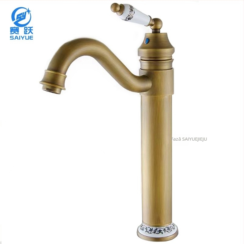 Robinet de chiuvetă pentru baie din alamă, stil european antic, apă caldă și rece, montaj pe blat, cu un singur orificiu, înălțime mare, disc ceramic, model FG76-09