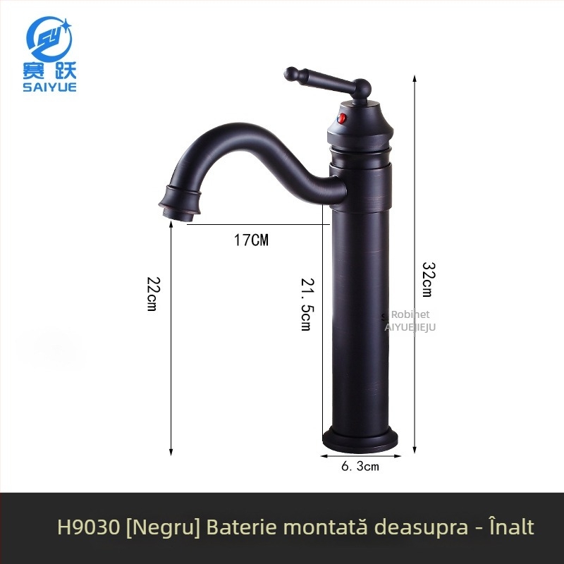 Robinet de chiuvetă pentru baie din alamă, stil european antic, apă caldă și rece, montaj pe blat, cu un singur orificiu, înălțime mare, disc ceramic, model FG76-09