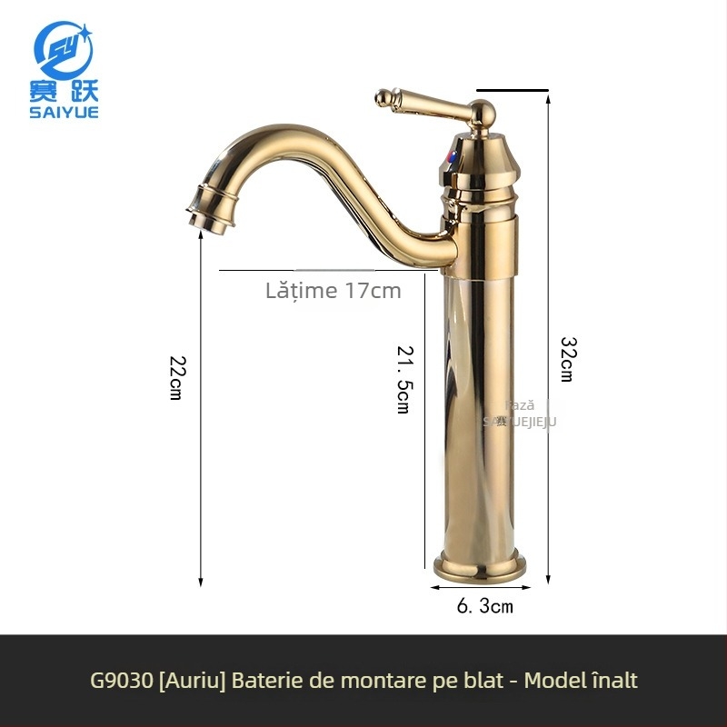 Robinet de chiuvetă pentru baie din alamă, stil european antic, apă caldă și rece, montaj pe blat, cu un singur orificiu, înălțime mare, disc ceramic, model FG76-09