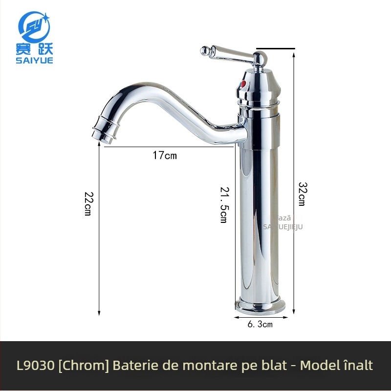 Robinet de chiuvetă pentru baie din alamă, stil european antic, apă caldă și rece, montaj pe blat, cu un singur orificiu, înălțime mare, disc ceramic, model FG76-09