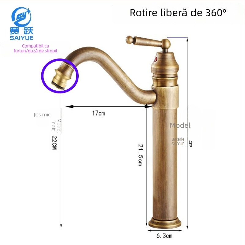Robinet de chiuvetă pentru baie din alamă, stil european antic, apă caldă și rece, montaj pe blat, cu un singur orificiu, înălțime mare, disc ceramic, model FG76-09