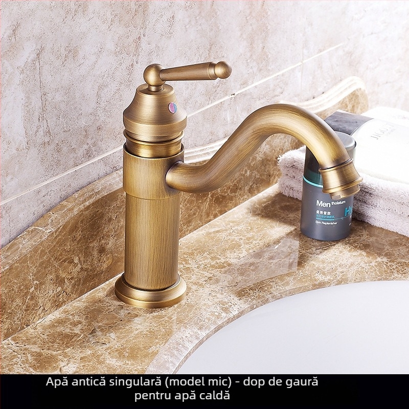 Robinet de chiuvetă pentru baie din alamă, stil european antic, apă caldă și rece, montaj pe blat, cu un singur orificiu, înălțime mare, disc ceramic, model FG76-09