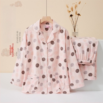 Set de pijamale feminine, stil japonez, din bumbac 100%, țesătură groasă 251–300 g/m², cardigan cu rever
