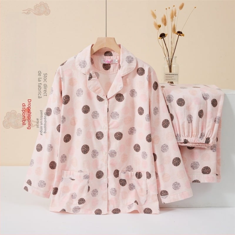 Set de pijamale feminine, stil japonez, din bumbac 100%, țesătură groasă 251–300 g/m², cardigan cu rever