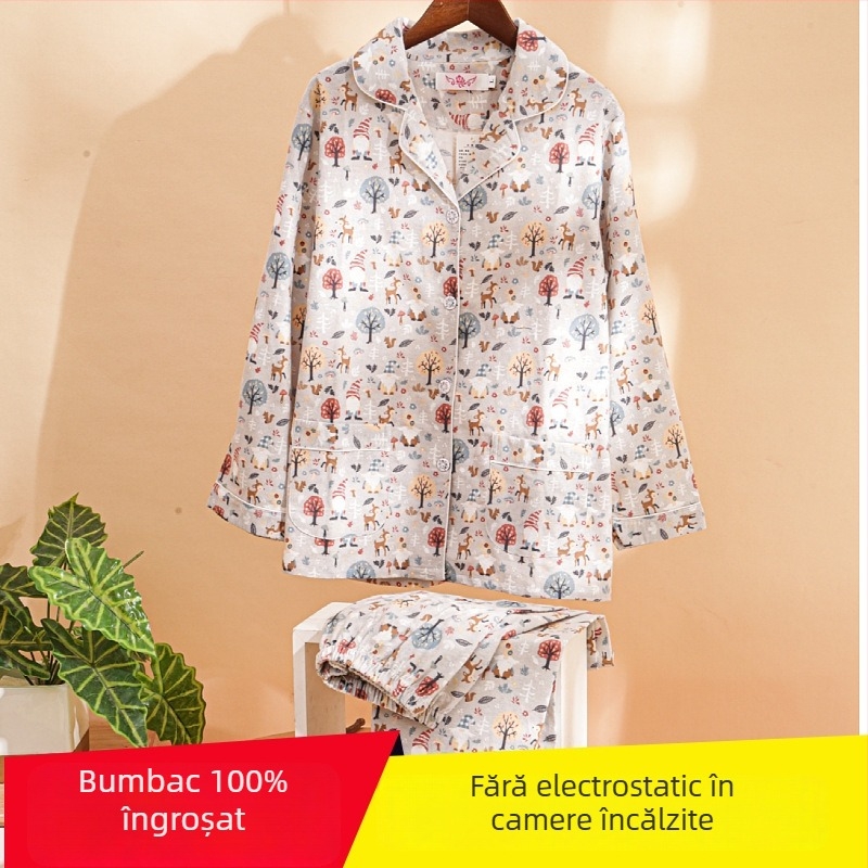 Set de pijamale feminine, stil japonez, din bumbac 100%, țesătură groasă 251–300 g/m², cardigan cu rever