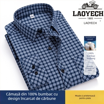 Cămașă, croială lejeră, mâneci lungi, bumbac cu model carouri, guler pătrat