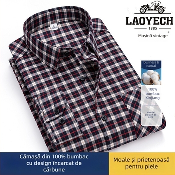 Cămașă, croială lejeră, mâneci lungi, bumbac cu model carouri, guler pătrat