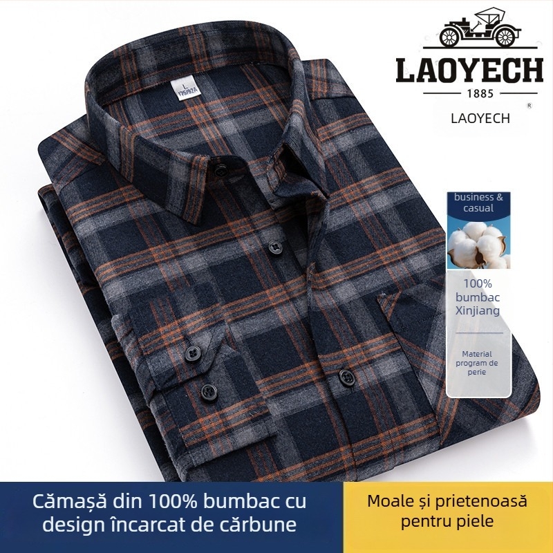 Cămașă, croială lejeră, mâneci lungi, bumbac cu model carouri, guler pătrat