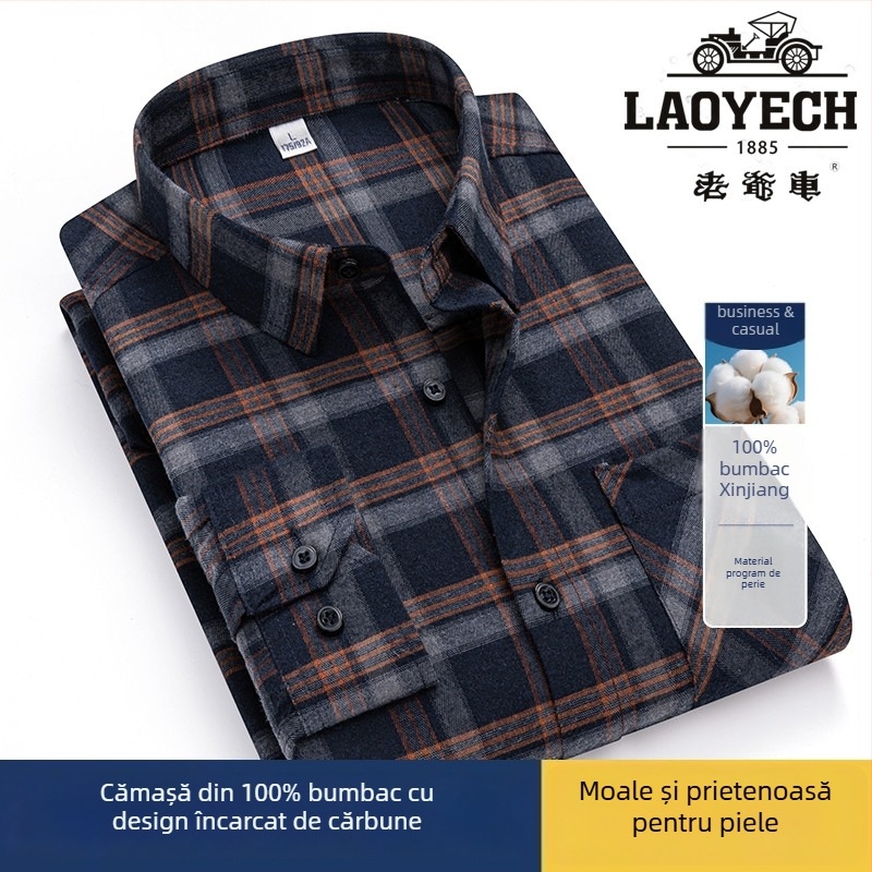 Cămașă, croială lejeră, mâneci lungi, bumbac cu model carouri, guler pătrat