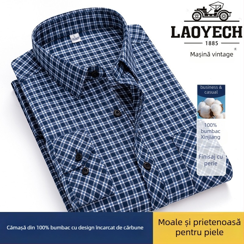 Cămașă, croială lejeră, mâneci lungi, bumbac cu model carouri, guler pătrat