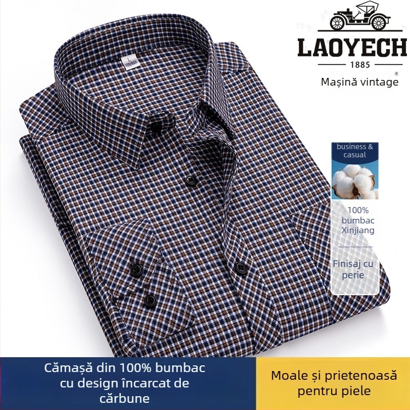 Cămașă, croială lejeră, mâneci lungi, bumbac cu model carouri, guler pătrat