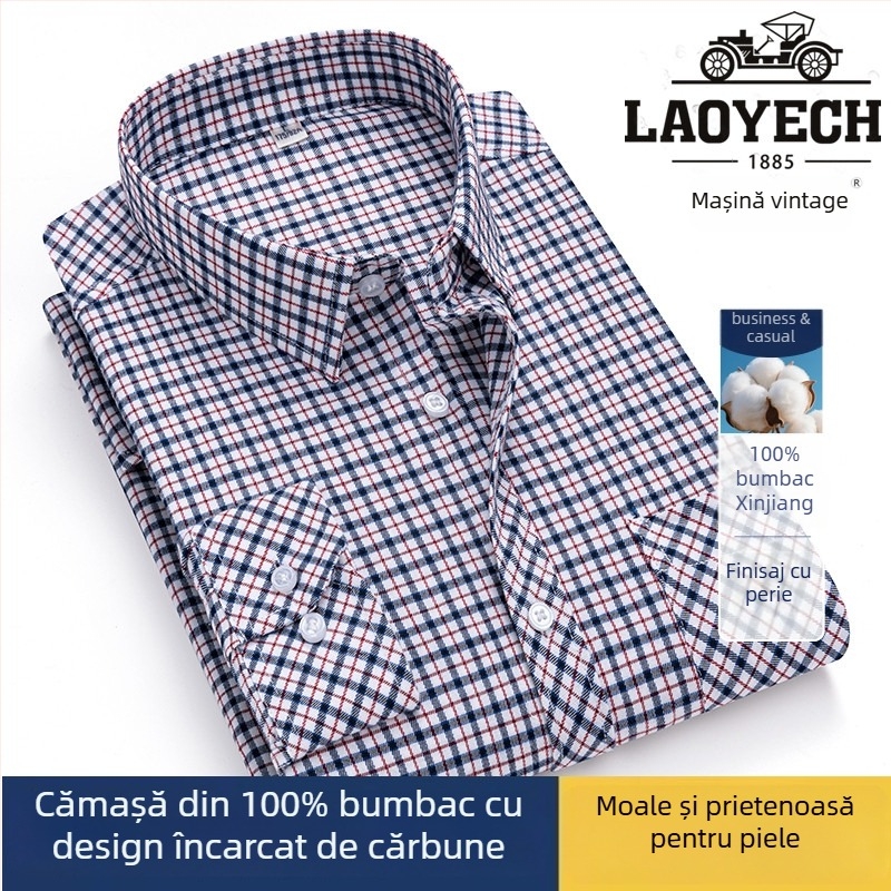 Cămașă, croială lejeră, mâneci lungi, bumbac cu model carouri, guler pătrat