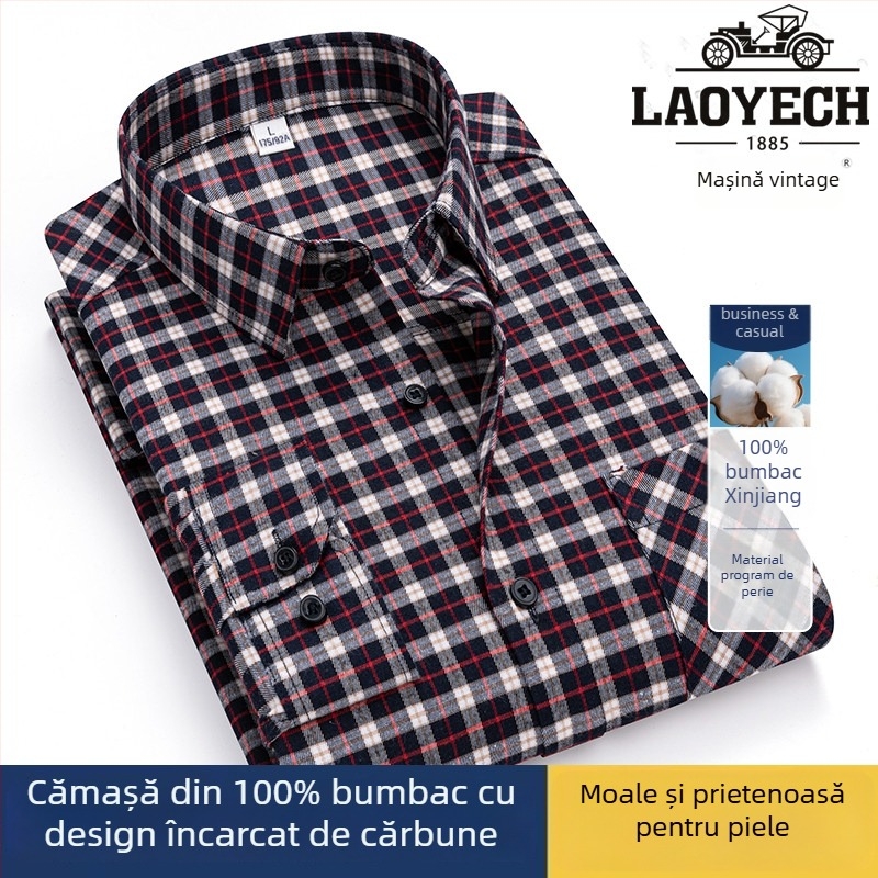 Cămașă, croială lejeră, mâneci lungi, bumbac cu model carouri, guler pătrat