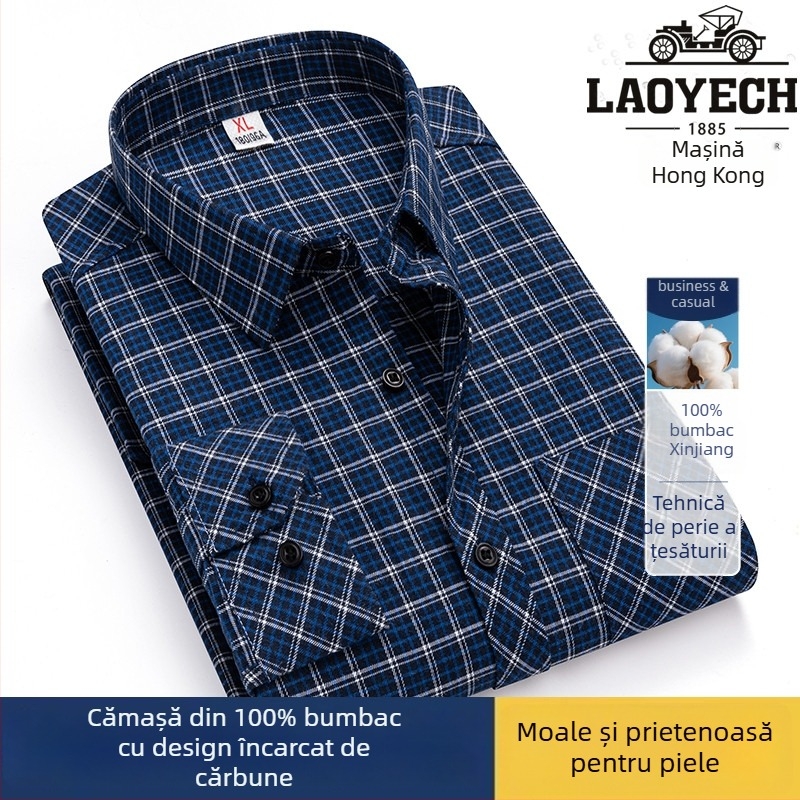 Cămașă, croială lejeră, mâneci lungi, bumbac cu model carouri, guler pătrat