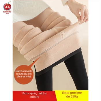 Colanți termici cu fleece de lână de miel pentru iarnă, talie înaltă, groși, croială lejeră