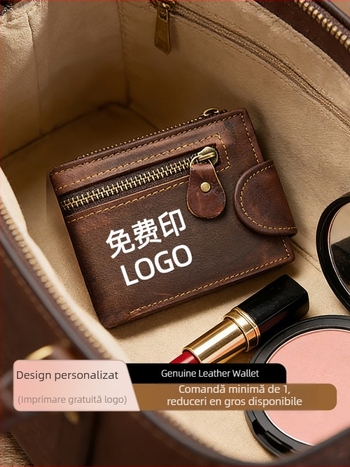 Portofel de carduri din piele naturală, design cu două pliuri, stil vintage european-american, protecție anti-furt