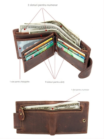 Portofel de carduri din piele naturală, design cu două pliuri, stil vintage european-american, protecție anti-furt