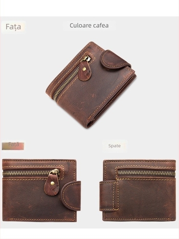 Portofel de carduri din piele naturală, design cu două pliuri, stil vintage european-american, protecție anti-furt