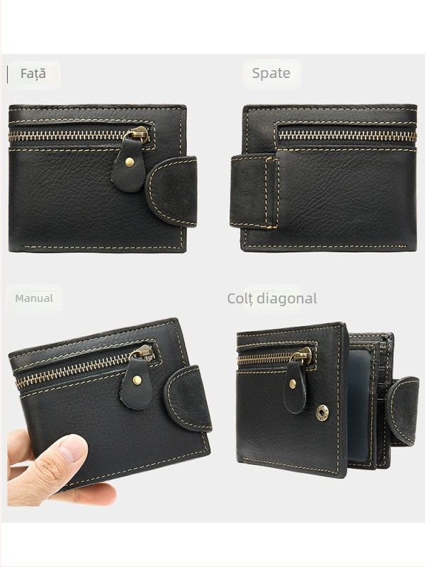 Portofel de carduri din piele naturală, design cu două pliuri, stil vintage european-american, protecție anti-furt