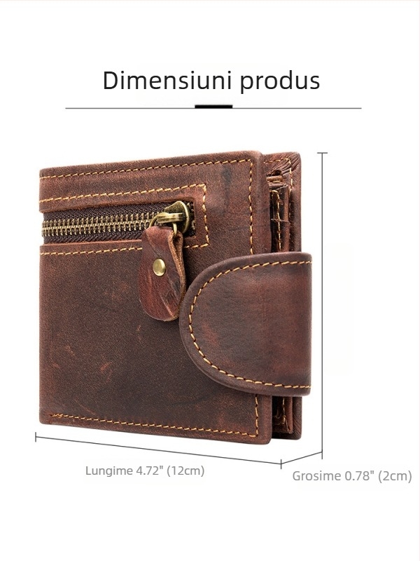 Portofel de carduri din piele naturală, design cu două pliuri, stil vintage european-american, protecție anti-furt