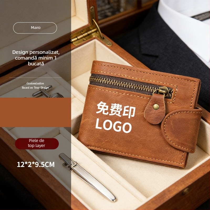 Portofel de carduri din piele naturală, design cu două pliuri, stil vintage european-american, protecție anti-furt