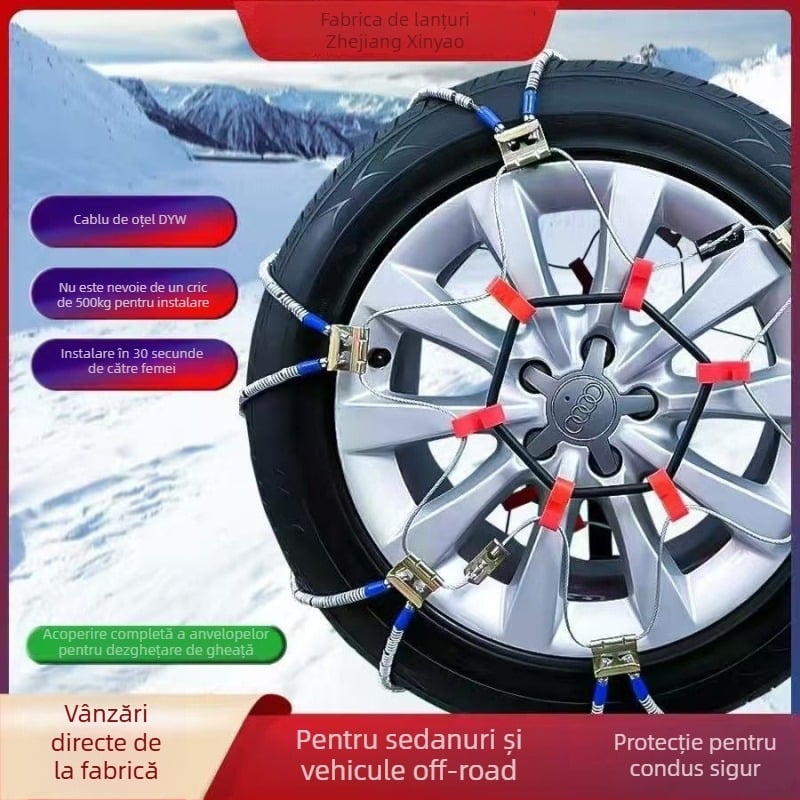 Lanț antiderapant universal din sfoară de oțel pentru mașini și SUV, potrivit pentru anvelope 165–265 mm, greutate 5–10 kg, construcție din oțel