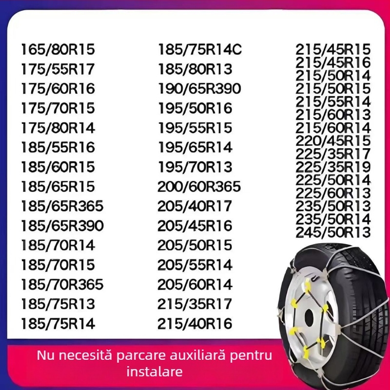 Lanț antiderapant universal din sfoară de oțel pentru mașini și SUV, potrivit pentru anvelope 165–265 mm, greutate 5–10 kg, construcție din oțel