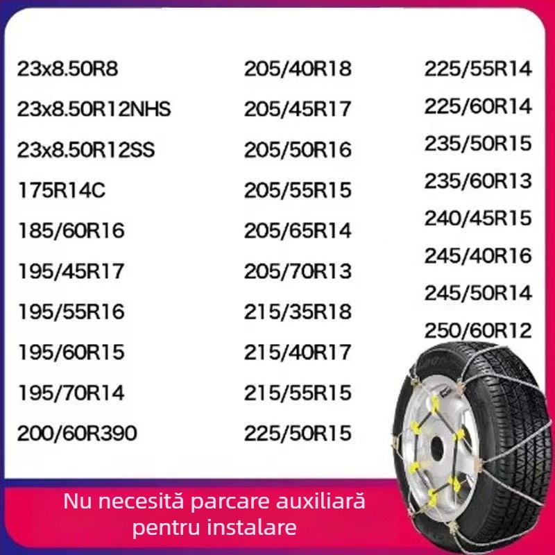 Lanț antiderapant universal din sfoară de oțel pentru mașini și SUV, potrivit pentru anvelope 165–265 mm, greutate 5–10 kg, construcție din oțel
