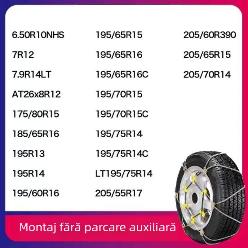 Lanț antiderapant universal din sfoară de oțel pentru mașini și SUV, potrivit pentru anvelope 165–265 mm, greutate 5–10 kg, construcție din oțel