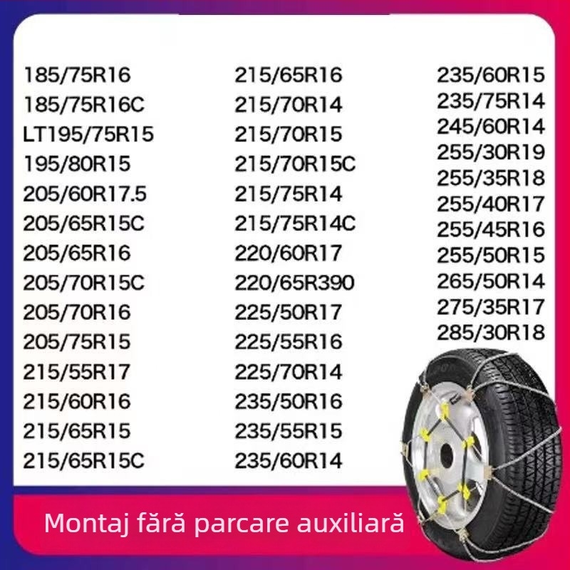 Lanț antiderapant universal din sfoară de oțel pentru mașini și SUV, potrivit pentru anvelope 165–265 mm, greutate 5–10 kg, construcție din oțel