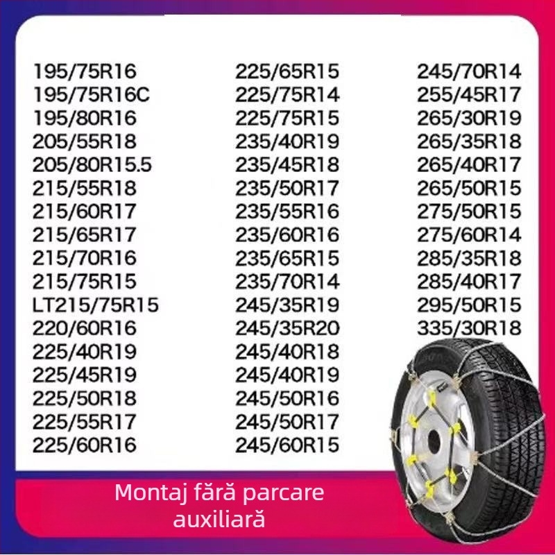 Lanț antiderapant universal din sfoară de oțel pentru mașini și SUV, potrivit pentru anvelope 165–265 mm, greutate 5–10 kg, construcție din oțel