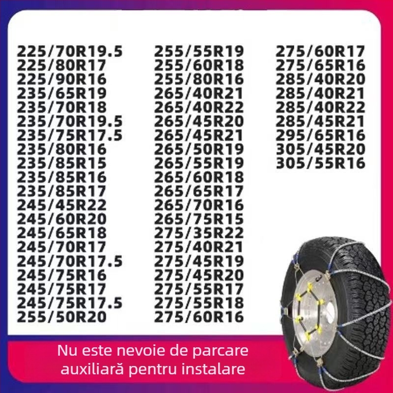 Lanț antiderapant universal din sfoară de oțel pentru mașini și SUV, potrivit pentru anvelope 165–265 mm, greutate 5–10 kg, construcție din oțel