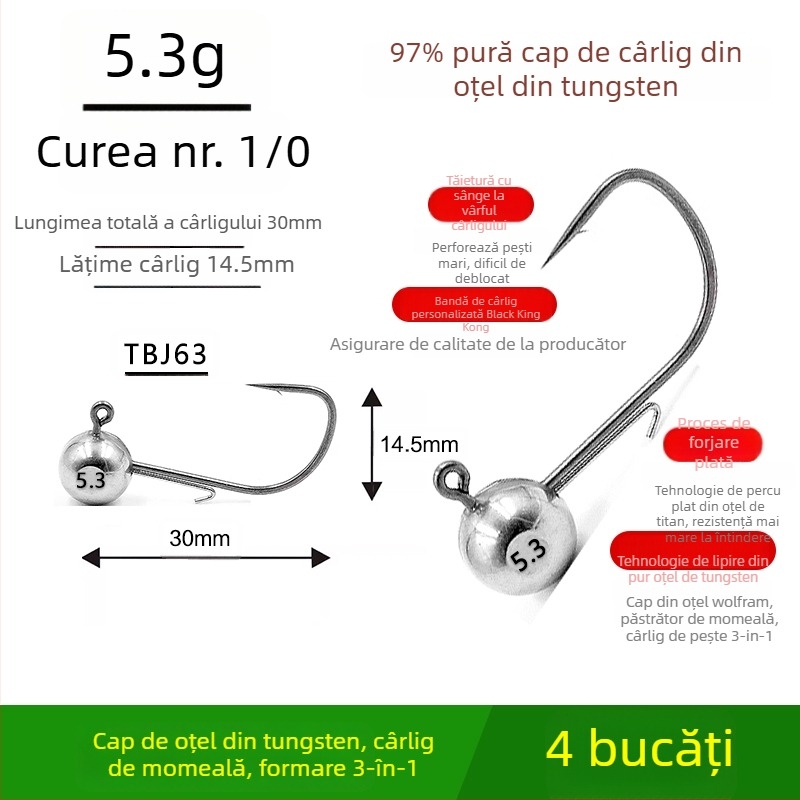 Cârlig de pescuit cu cap de oțel wolfram, fără cârlig, pentru biban negru, anti-încâlcire, pescuit în lac rezervoar