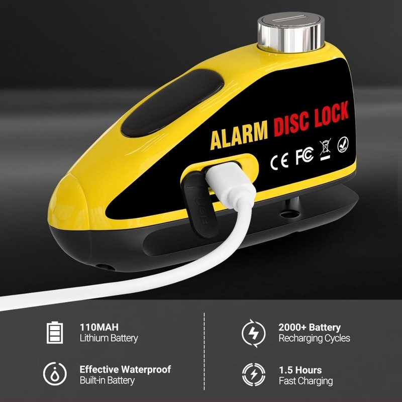 Blocare disc cu alarmă pentru motociclete și biciclete electrice, alarmă reîncărcabilă (Model: Alarm disc brake lock; Material: Alloy steel ABS; Brand: Strong Valley; Greutate: 460 g; Domeniu: diverse vehicule cu disc de frână)